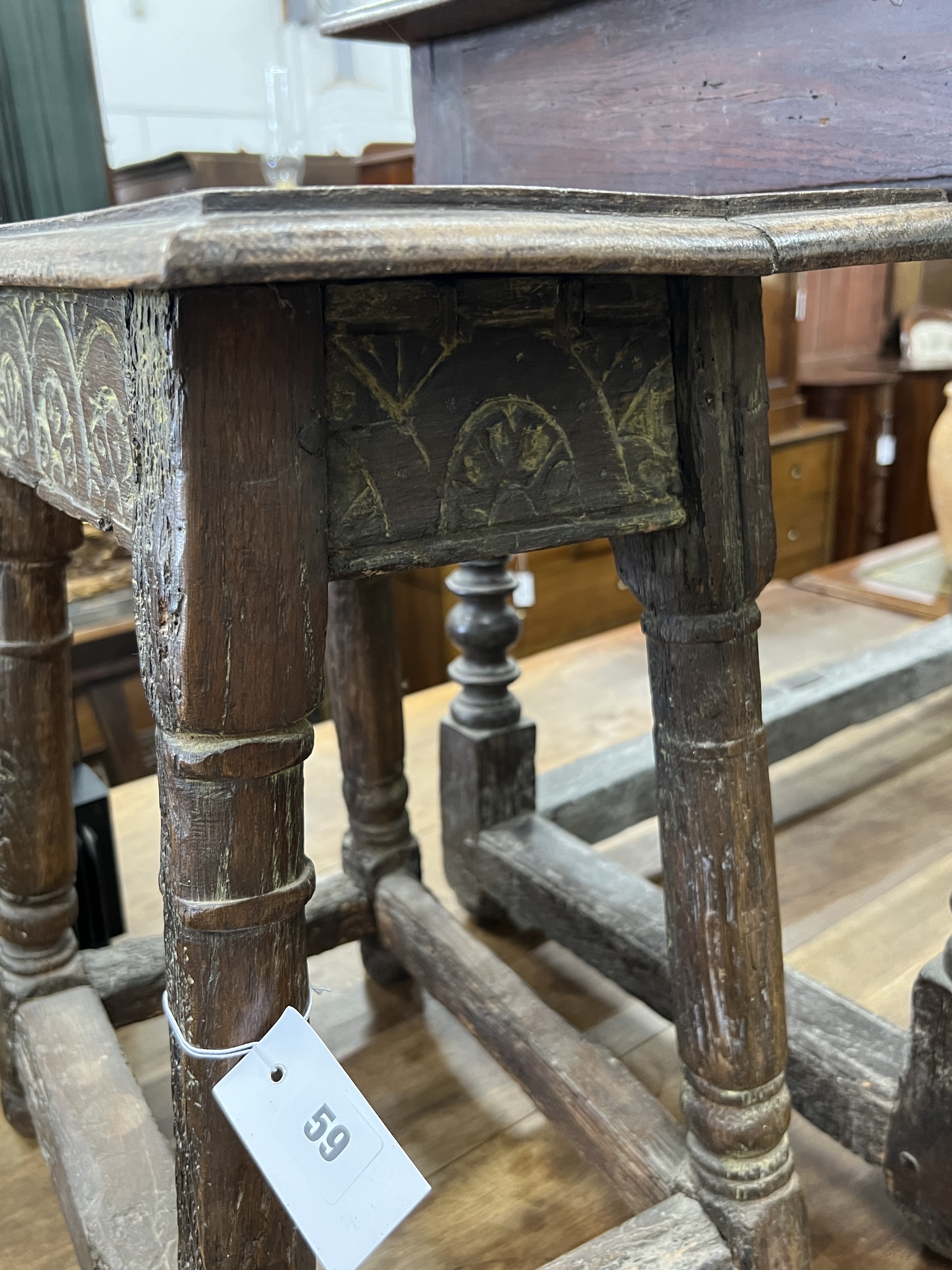 A 17th century and later oak joint stool, with carved frieze, width 48cm, depth 28cm, height 54cm